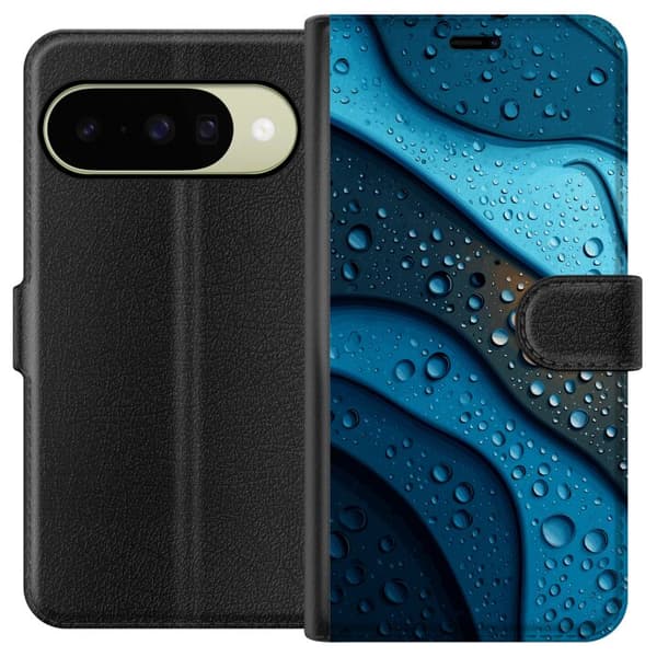 Kompatibelt Lommeboketui til Google Pixel 10 Blå abstrakte bølger med glitrende vanndråper i moderne grafisk design blå