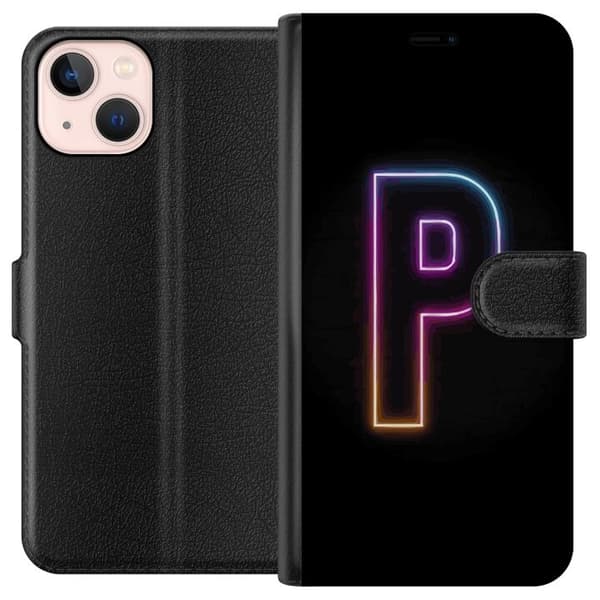 Kompatibel Tegnebogsetui til Apple iPhone 13 mini Minimalistisk neonbogstav P i farvegradient og lyseffekt mod sort baggrund i digital neonstil