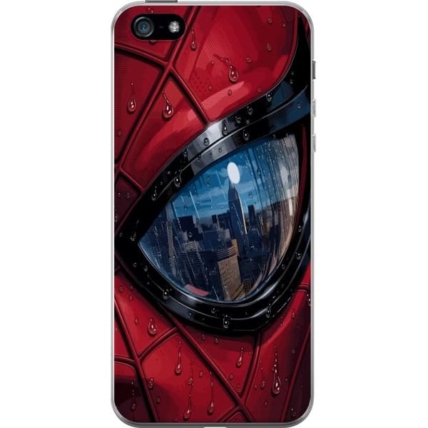 Kompatibelt Mobildeksel til Apple iPhone 5 Nærbilde av Spider-Man-maske med regndråper og byrefleksjon i øyet rød