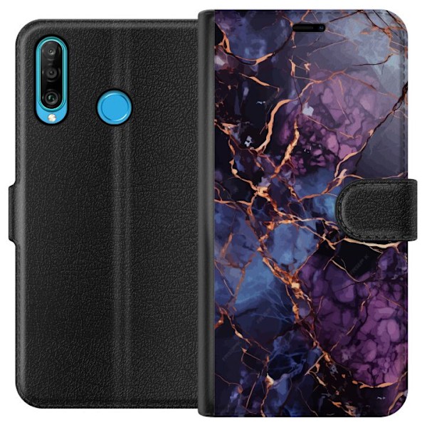 Huawei P30 lite Tegnebogsetui Marmor Blå Lilla