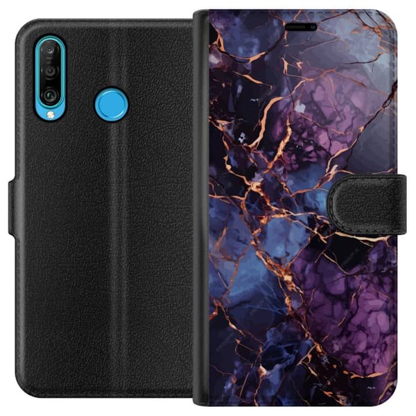Kompatibel Tegnebogsetui til Huawei P30 lite Marmor Blå Lilla