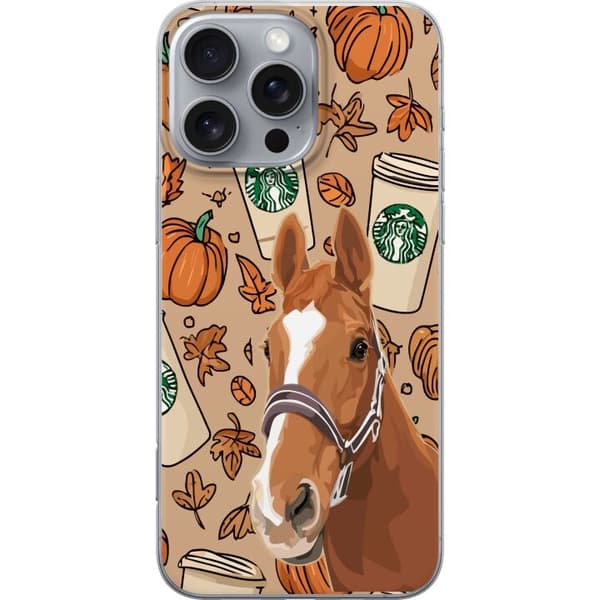 Kompatibelt Mobildeksel til Apple iPhone 16 Pro Max Illustrert hest blant gresskar, kaffekrus og oransje høstløv brun