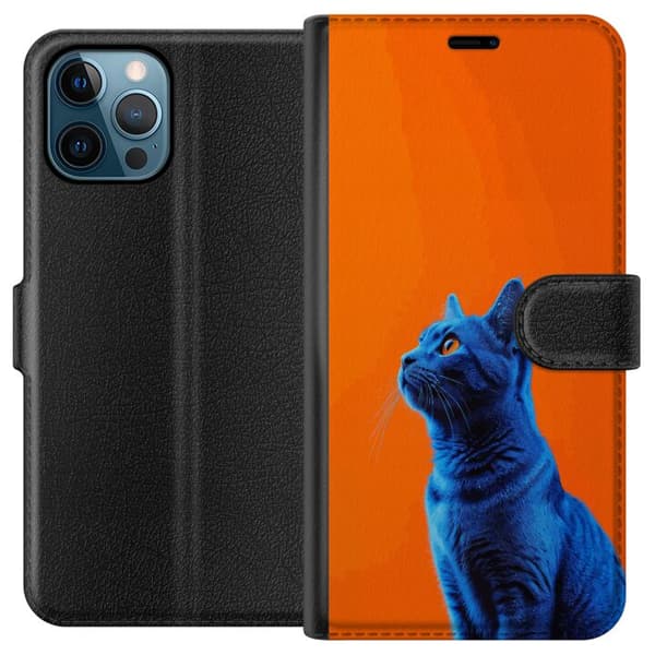 Kompatibel Tegnebogsetui til Apple iPhone 12 Pro Max Blå kat med orange baggrund i moderne popkunststil blå