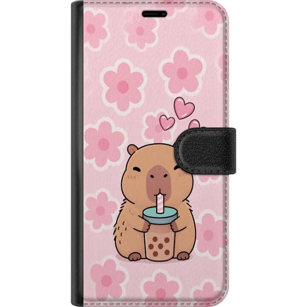 Kompatibel Tegnebogsetui til Apple iPhone 11 Pro Max Sød tegnet kapybara, der drikker bubble tea blandt lyserøde blomster og skinnende hjerter på lys pink