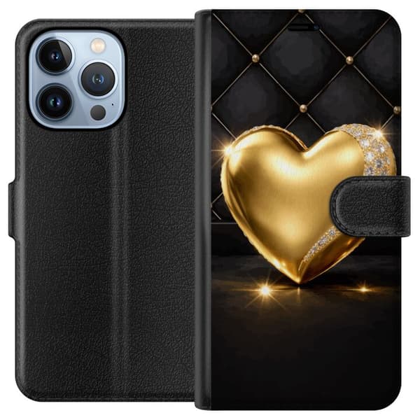 Kompatibel Tegnebogsetui til Apple iPhone 13 Pro Gyldent hjerte med diamantkant