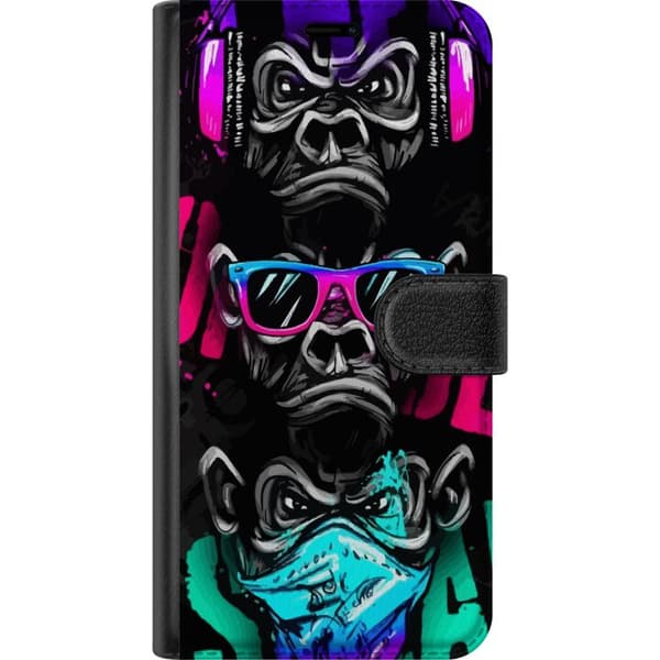 Kompatibelt Lommeboketui til Apple iPhone 12 Graffitimotiv med tre aper – Hører ingenting, ser ingenting, sier ingenting i neonfarger