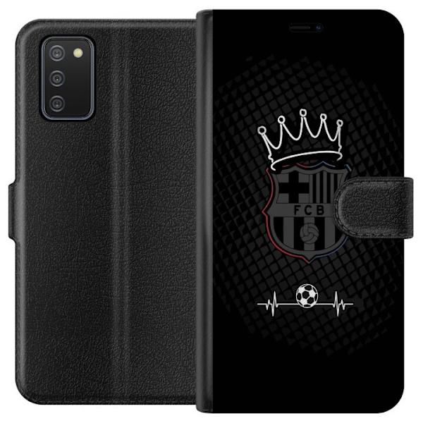 Samsung Galaxy A02s Tegnebogsetui FC Barcelona Emblem Fodboldmotiv Blå Rød Klubmærke Catalonien La Liga Fans Populært Ikonisk