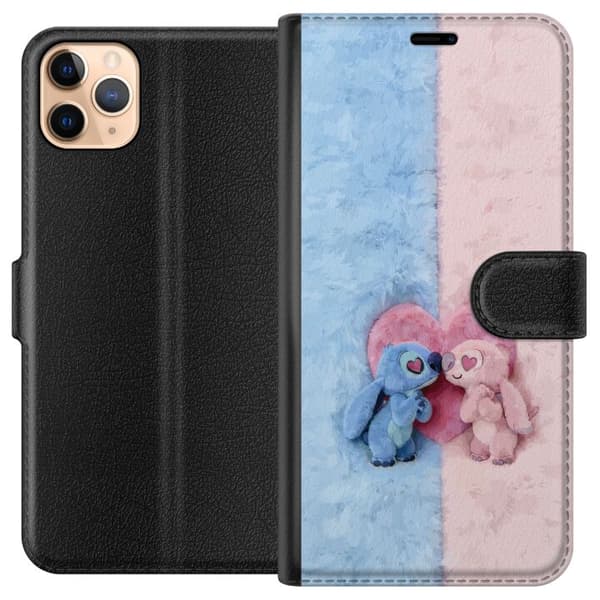 Kompatibel Tegnebogsetui til Apple iPhone 11 Pro Max Søde blå og lyserøde figurer foran et stort lyserødt hjerte pink