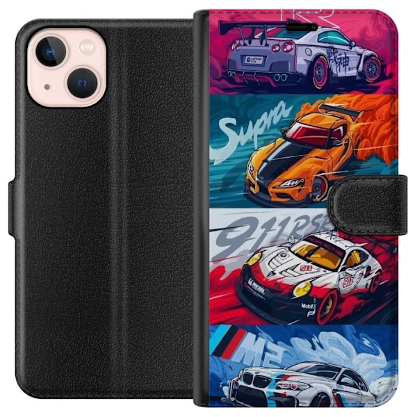 Apple iPhone 13 Lompakkokotelo Nopeat Autot - Piirretty Kuvio Toiminnalla