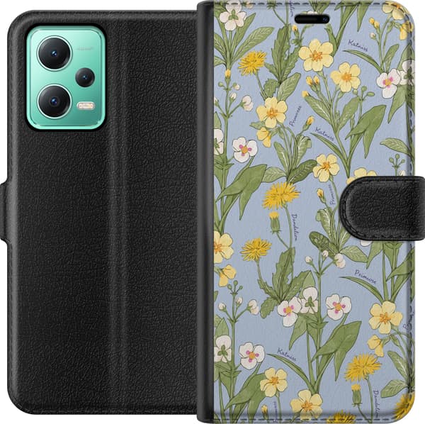 Kompatibel Tegnebogsetui til Xiaomi Redmi Note 12 Gule og hvide engblomster med grønne blade på lyseblå baggrund blå