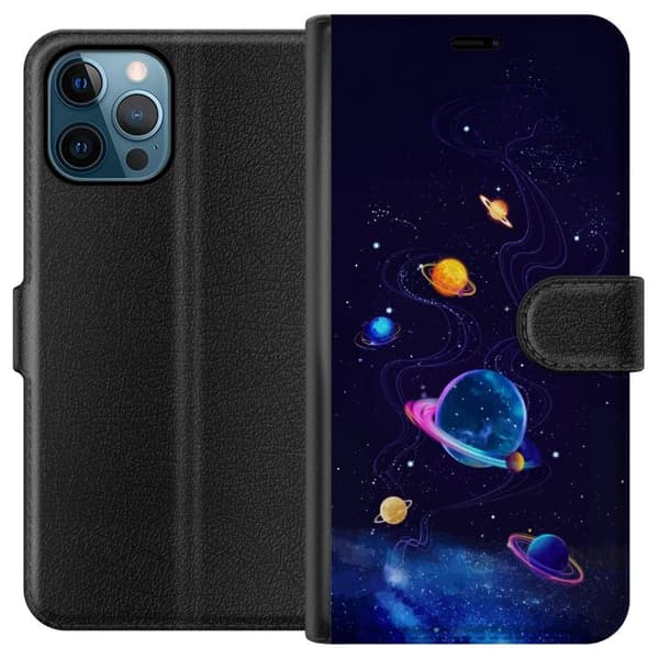 Kompatibel Tegnebogsetui til Apple iPhone 12 Pro Max Farlige planeter og stjerner i et animeret rumlandskab blå