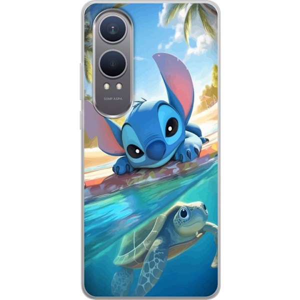 OnePlus Nord CE4 Lite Läpinäkyvä kuori Stitch kilpikonnalla - söpö sininen avaruusolento trooppisessa rantaympäristössä Disneyn tapaan