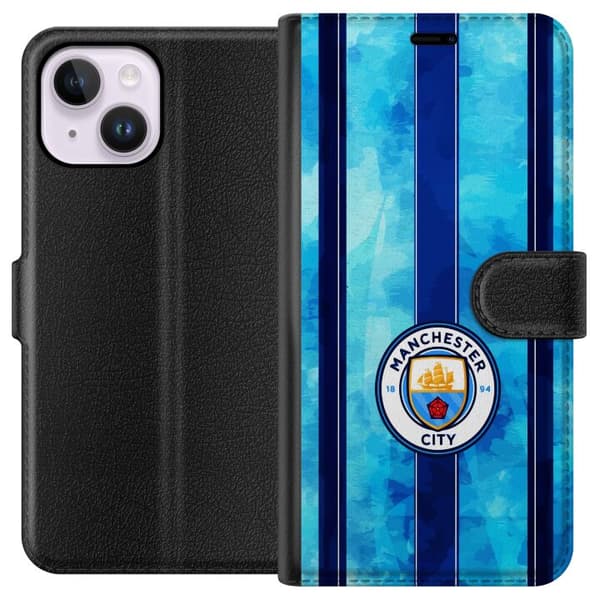 Kompatibel Tegnebogsetui til Apple iPhone 14 Plus Stort cirkelformet fodboldemblem mod lyseblå og mørkeblå lodrette striber med subtil tekstur blå