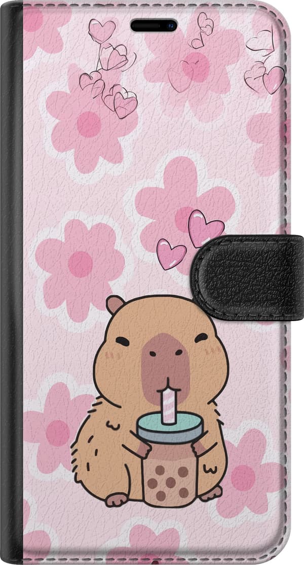 Kompatibel Tegnebogsetui til Google Pixel 10a Sød tegnet kapybara med bubble tea, lyserøde hjerter og store blomster på en legesyg lyserød baggrund pink