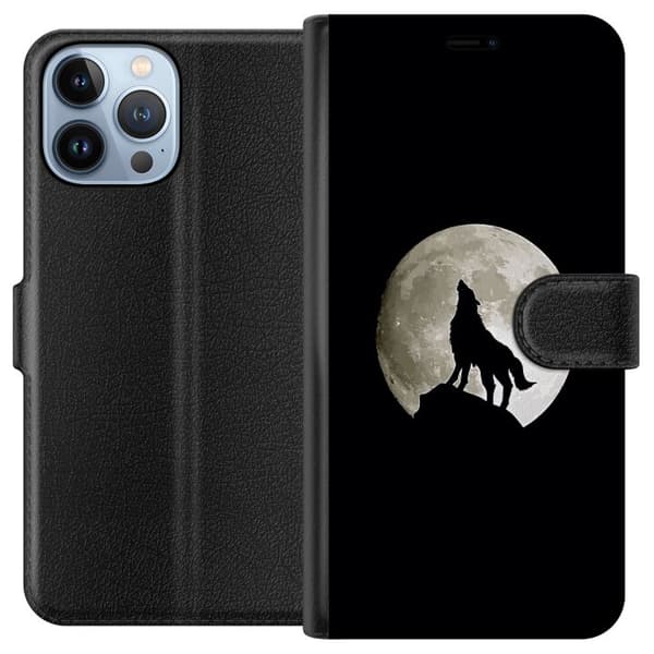 Kompatibel Tegnebogsetui til Apple iPhone 13 Pro Max Sort silhuet af en hylende ulv foran en stor, lys fuldmåne mod sort baggrund sort