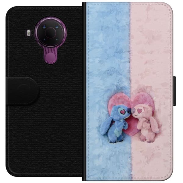 Kompatibel Tegnebogsetui til Nokia 5.4 Søde blå og lyserøde figurer foran et stort lyserødt hjerte pink