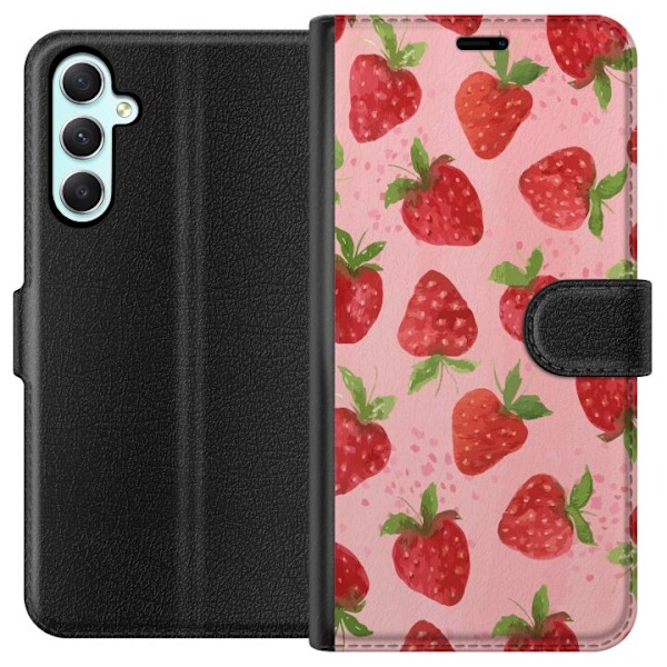 Samsung Galaxy A34 Plånboksfodral Strawberry Dreams – jordgubbsmönster i retrostil