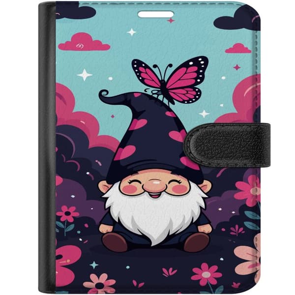 Kompatibel Tegnebogsetui til Apple iPhone Duo Sød illustreret nisse med lyserøde hjerter, sommerfugl og blomster i lyserøde og mørkeblå nuancer blå