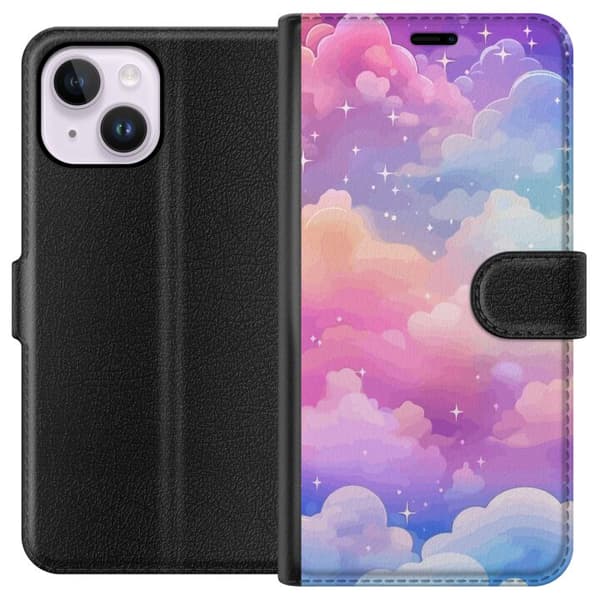 Kompatibel Tegnebogsetui til Apple iPhone 14 Plus Magisk motiv med bløde skyer og glitrende stjerner i pastelfarver pink