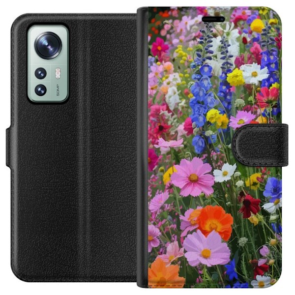 Xiaomi 12 Lompakkokotelo Kukkakuvioinen mobiilikuori kesäisellä niityllä ja luontomaisemalla
