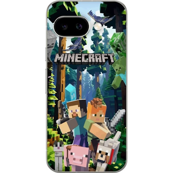 Google Pixel 9a Läpinäkyvä kuori Minecraft-matkapuhelinkotelo metsällä ja pikselityylisillä hahmoilla