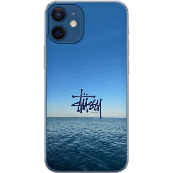 Kompatibelt Mobildeksel til Apple iPhone 12 mini Havspanorama med blå himmel og stilig surf-inspirert logo blå