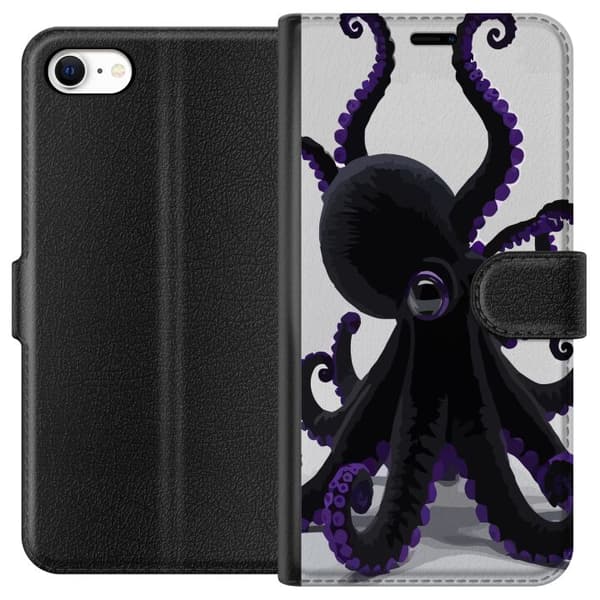 Kompatibel Tegnebogsetui til Apple iPhone 6 Sort blæksprutte med lilla detaljer i et elegant havtema mod en lys baggrund sort