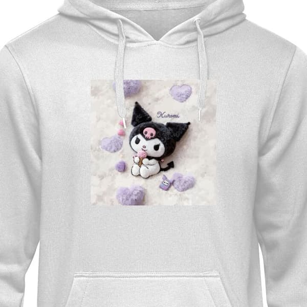 Børne Hoodie Grå 5-6 År Sød sort-hvid figur med lyserød is og bløde hjerter grå 5-6 År