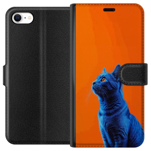 Kompatibel Tegnebogsetui til Apple iPhone 6 Blå kat med orange baggrund i moderne popkunststil blå