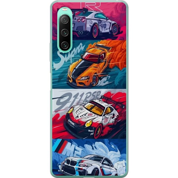 Sony Xperia 10 IV Läpinäkyvä kuori Nopeat Autot - Piirretty Kuvio Toiminnalla