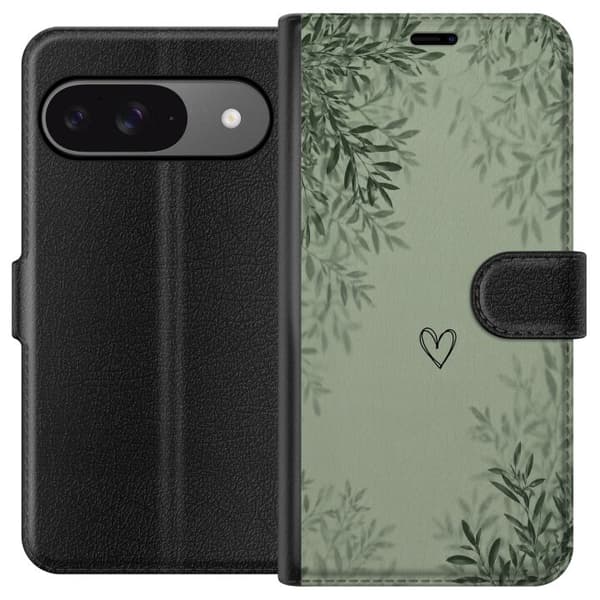 Kompatibel Tegnebogsetui til Google Pixel 9 Minimalistisk grøn design med håndtegnet hjerte, bløde blomsterskygger og rolig botanisk baggrund grøn
