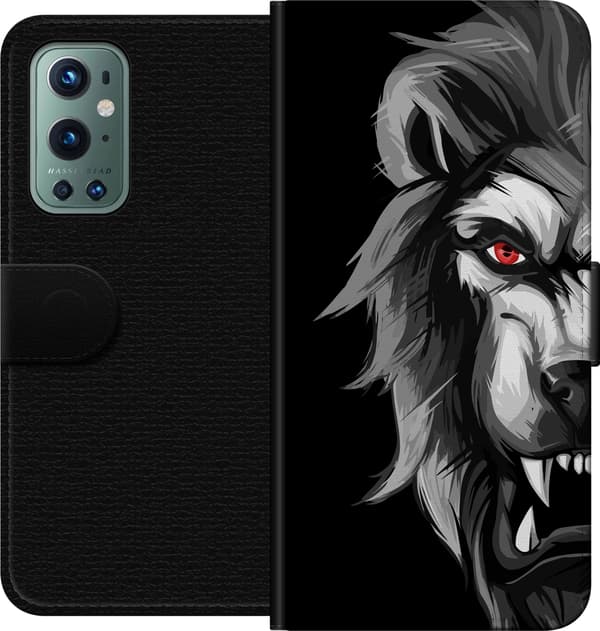 Kompatibel Tegnebogsetui til OnePlus 9 Pro Dramatisk sort-hvid ulv med et intenst rødt øje mod sort baggrund sort