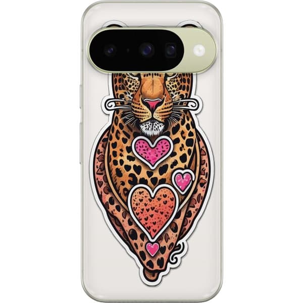 Kompatibel Mobilcover til Google Pixel 10 Illustreret leopard med lyserøde og orange hjerter, sorte pletter og dekorative detaljer orange