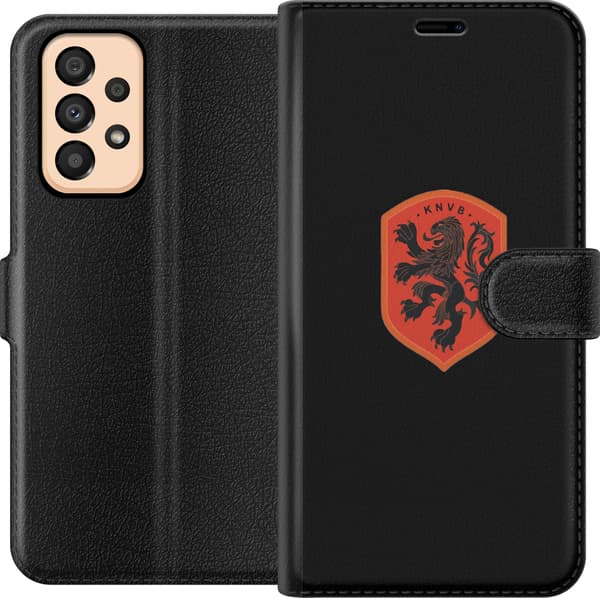 Kompatibel Tegnebogsetui til Samsung Galaxy A33 5G Orange skjold med sort heraldisk løve mod sort baggrund sort