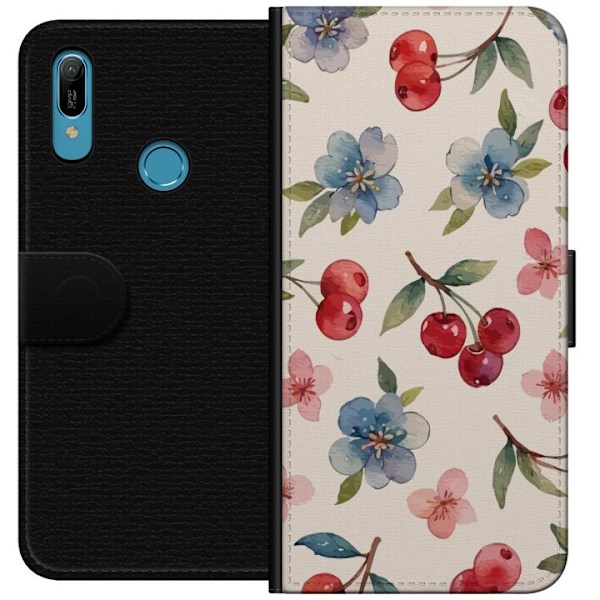 Huawei Y6 (2019) Tegnebogsetui Bær & Blomster - mønster med