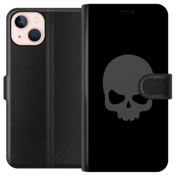 Kompatibel Tegnebogsetui til Apple iPhone 13 mini Enkel dødningehoved i grå tone mod sort baggrund, elegant og moderne design
