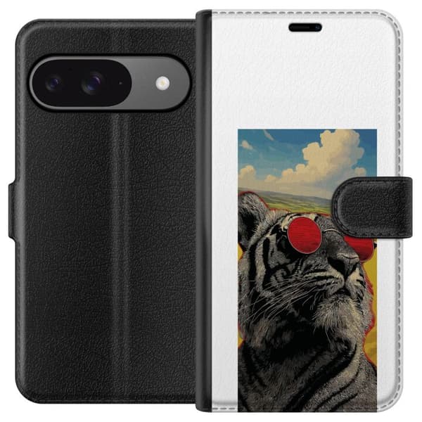 Kompatibelt Lommeboketui til Google Pixel 9 Pro Cool tiger med røde solbriller i popkunststil grå