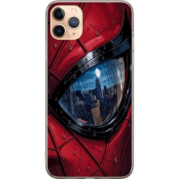 Kompatibelt Mobildeksel til Apple iPhone 11 Pro Max Nærbilde av Spider-Man-maske med regndråper og byrefleksjon i øyet rød