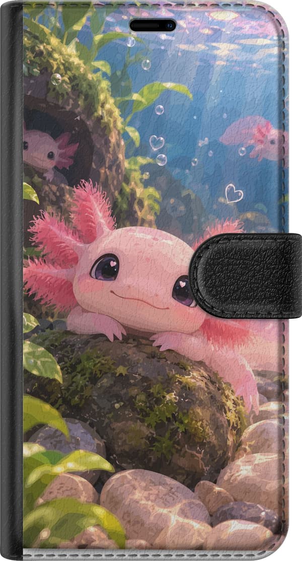 Kompatibelt Plånboksfodral till Google Pixel 10 Pro Rosa axolotl med stora mörka ögon bland vattenväxter bubblor och stenar rosa