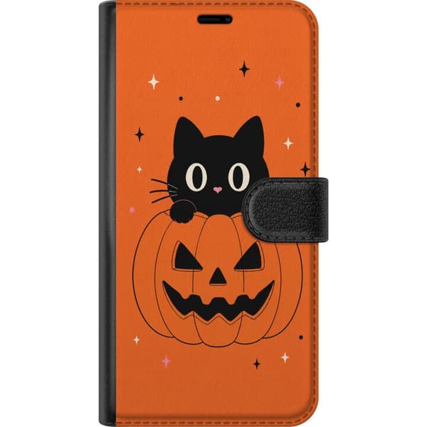 Kompatibel Tegnebogsetui til Nothing Phone 4b Sort kat og halloween-græskar med stjerner på orange baggrund orange