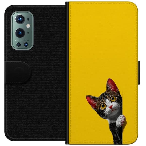 Kompatibel Tegnebogsetui til OnePlus 9 Pro Sød kat, der kigger ud mod gul minimalistisk baggrund gul