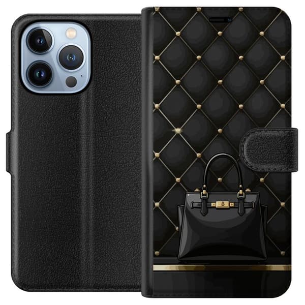 Kompatibel Tegnebogsetui til Apple iPhone 13 Pro Luksuriøs sort taske mod quiltet baggrund