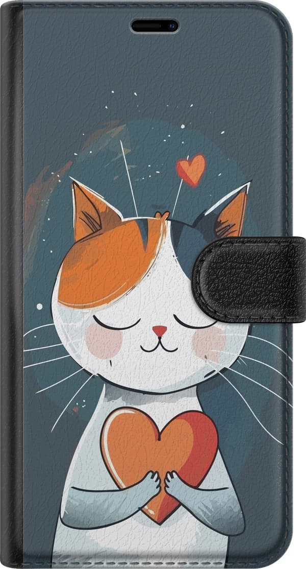 Kompatibel Tegnebogsetui til Apple iPhone 16 Sød illustreret kat, der holder et orange og rødt hjerte mod mørkeblå baggrund blå