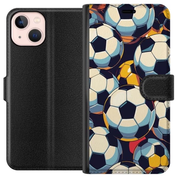 Kompatibel Tegnebogsetui til Apple iPhone 13 mini Sømløst mønster med klassiske fodbold i grafisk stil sort
