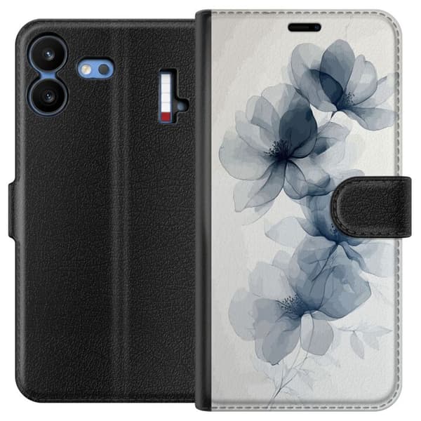 Kompatibel Tegnebogsetui til Nothing Phone 4b Blå transparente blomster med tynde kronblade og elegante botaniske linjer mod en hvid baggrund blå