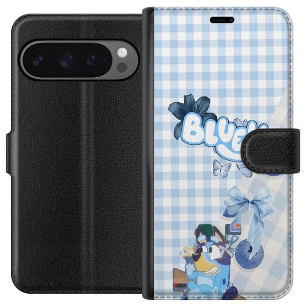 Kompatibel Tegnebogsetui til Google Pixel 9 Pro XL Bluey med blå sløjfe og ternet baggrund blå