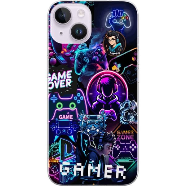 Kompatibelt Mobildeksel til Apple iPhone 14 Neon gamer-collage med konsoller, headset og gaming-vibber
