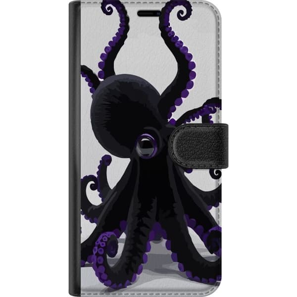 Kompatibel Tegnebogsetui til Apple iPhone 17 Sort blæksprutte med lilla detaljer i et elegant havtema mod en lys baggrund sort