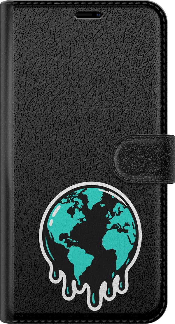 Kompatibel Tegnebogsetui til Apple iPhone 15 Plus Dryppende globus - Blåt motiv med turkis dryppende globus. blå