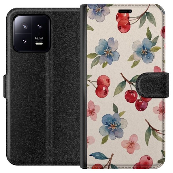 Xiaomi 13 Plånboksfodral Bär & Blommor – mönster med blå blommor och skogsbär